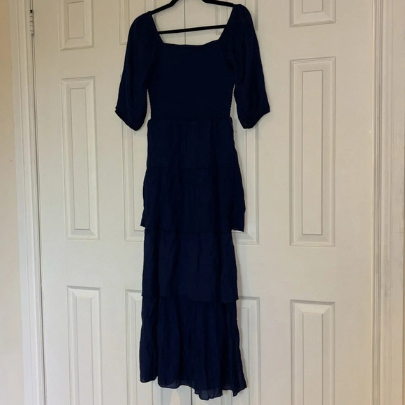 Vintage style Navy Boho  Flowy Layered Fit & Flared Maxi dress Sz Large - Picture 9 of 14